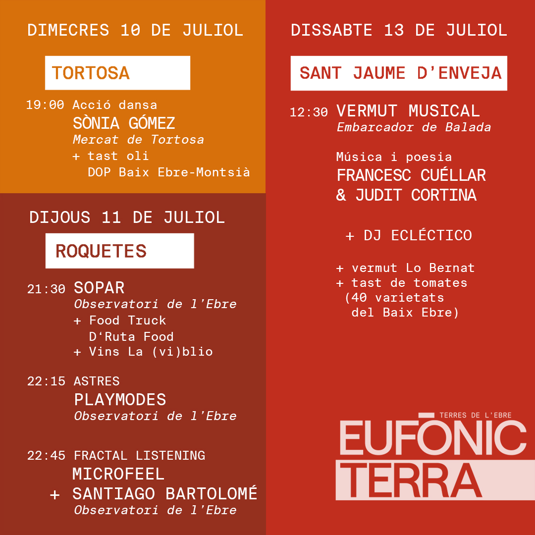 Una de les novetats més potents i gustoses d'enguany, la programació d'#EufònicTerra: música i accions artístiques vinculades al paisatge, el patrimoni, la gastronomia, l’oli D.O.P. Baix Ebre / Montsià i les clementines I.G.P. de les #TerresdelEbre

🍊 eufonicterra.plan9.cat