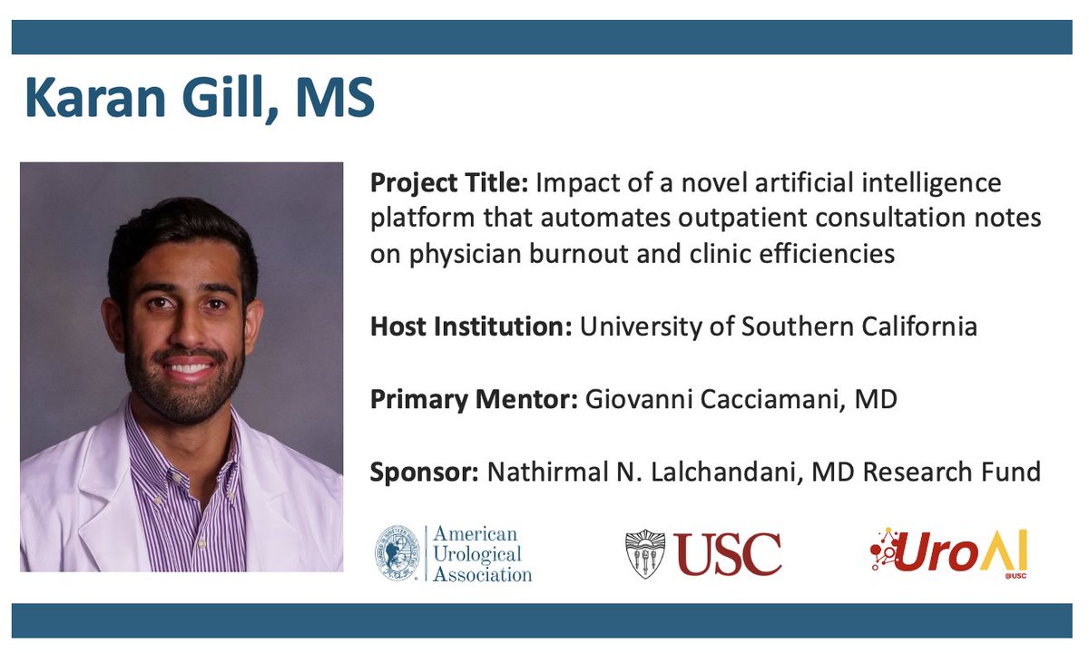 Cacciamani_MD's tweet image. 🎉 So proud of @karangill96, the 2024–2025 Medical Student Fellow by @AmerUrological!

🤖 Excited for this #AI project automating consultation notes to help with physician #burnout and boost clinic efficiency.

Thanks to @AmerUrological for the support!

tinyurl.com/5b7fadef…