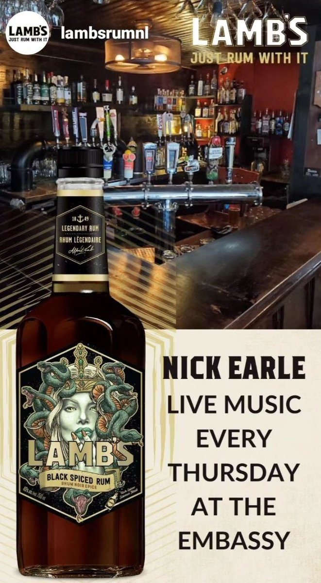 Thursday nights are made for Lamb's Blacked Spiced Rum &amp; Nick Earle at 9:30!🤘 

Doubles Black Spiced on for $10.25 for our #JustRumWithIt 🥃 

Get down, enjoy the tunes &amp; atmosphere at the friendliest little pub in the North Atlantic! 🍻