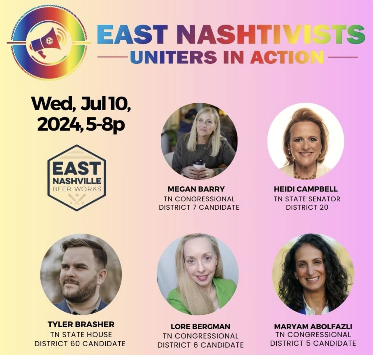 nashtivists's tweet photo. We're 2 weeks out from our July meeting! Join us on Wed, July 10 at @eastnashbeer with candidates for all 3 #Nashville Congressional races: @MaryamForTN, @MeganCBarry & Lore Bergman. Plus @Campbell4TN & @TylerForTN.
RSVP to join in person or via Zoom: https://t.co/6FhAzVT12I https://t.co/JZTzVcgCIM