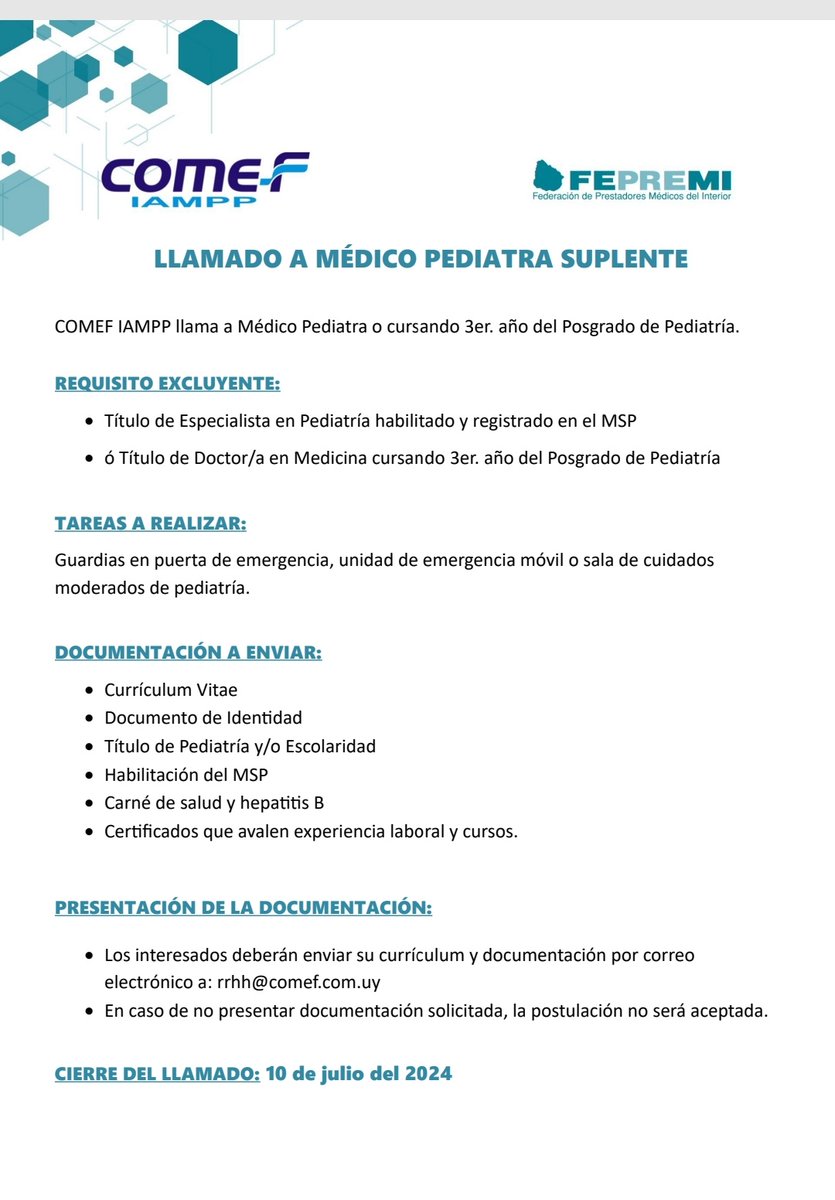 COMEF realiza llamado a ocupar cargo de médico pediatra en calidad de suplente