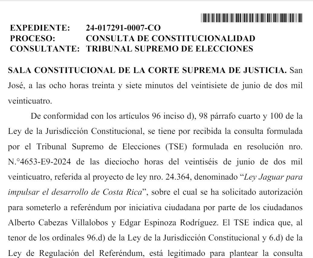 barradeprensa's tweet photo. ÚLTIMA HORA: Sala IV da curso a la consulta de constitucionalidad sobre la Ley Jaguar planteada por el Tribunal Supremo de Elecciones https://t.co/tutjdF8EIq