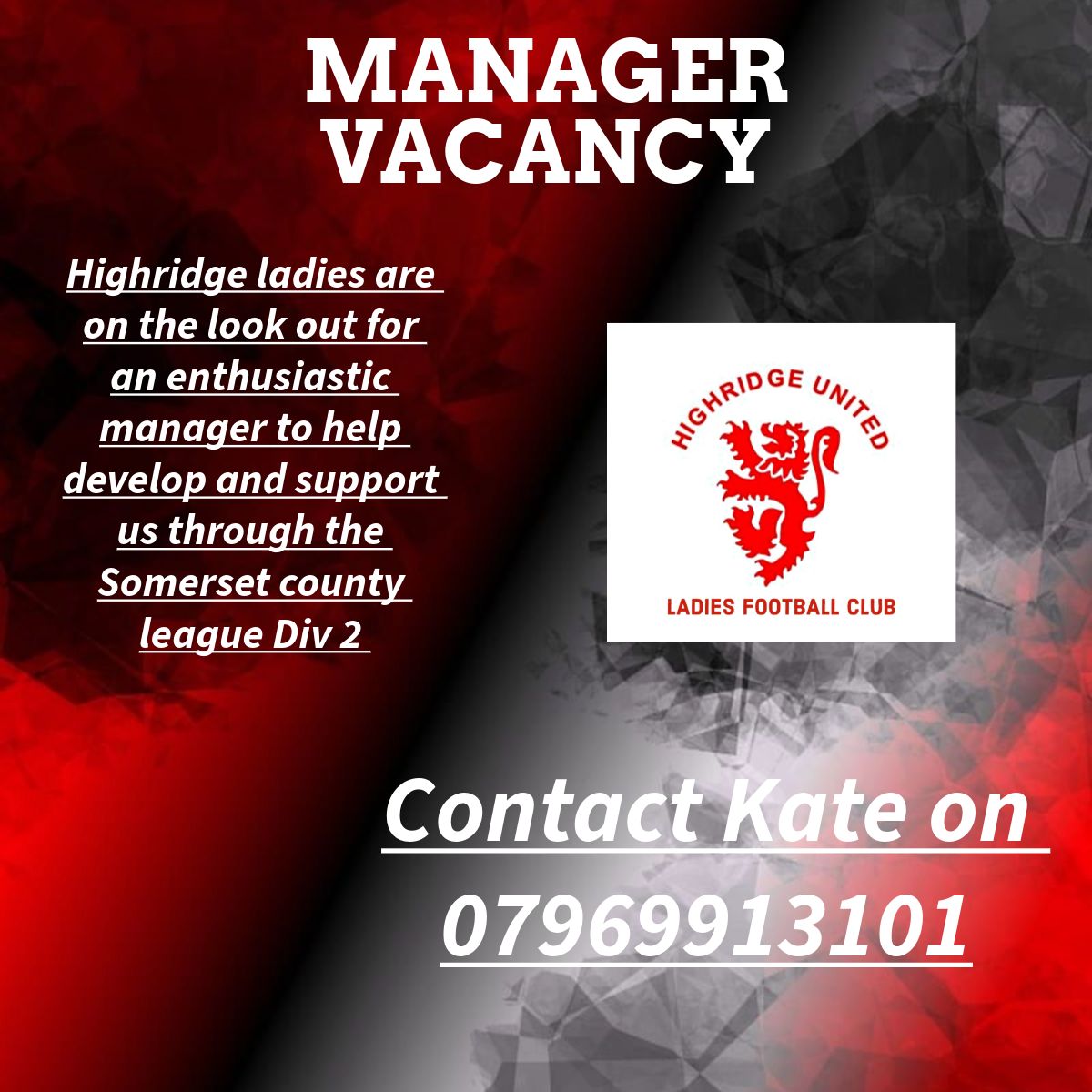 K8feebs's tweet photo. @FcHighridge are looking for an experienced manager to take on an established team with a mixture of ability. If you are interested please get in contact. https://t.co/oASlOJd50h