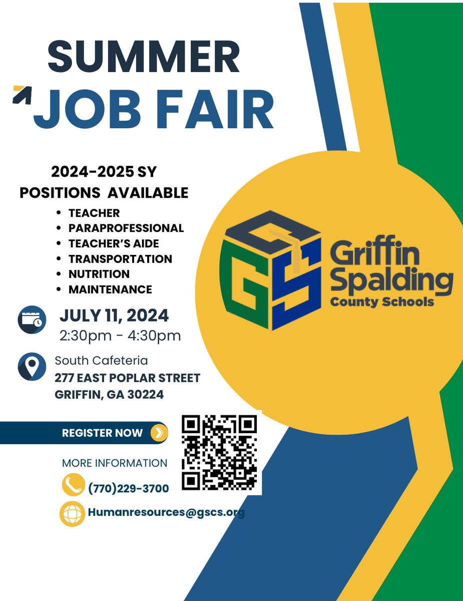 🎉 Job Fair Alert! 🎉
Join Griffin-Spalding County Schools on July 11, 2024, from 2:30-4:30 PM! Explore exciting career opportunities, meet school leaders, and more.
📅 Register here/see flyer: forms.gle/pV1VoS1W8rhypd…
#JobFair #EducationJobs #GSCS <a href="/GriffinSpalding/">Griffin-Spalding K12</a>
