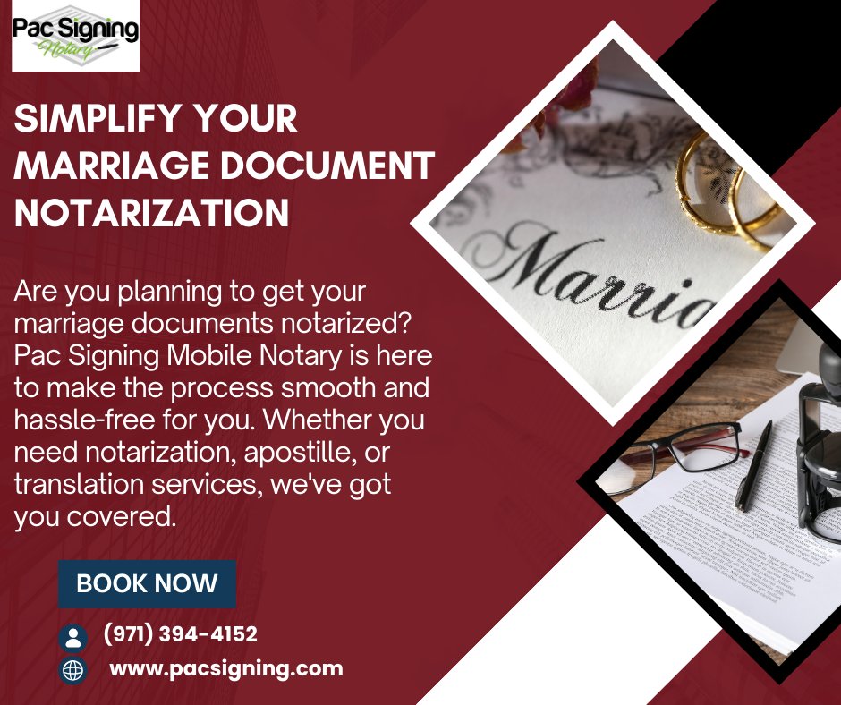 pacsigning's tweet image. Simplify Your Marriage Document Notarization

Are you planning to get your marriage documents notarized? Pac Signing Mobile Notary is here to make the process smooth and hassle-free for you.

#NotaryServices #MarriageDocuments #DocumentNotarization #ApostilleServices