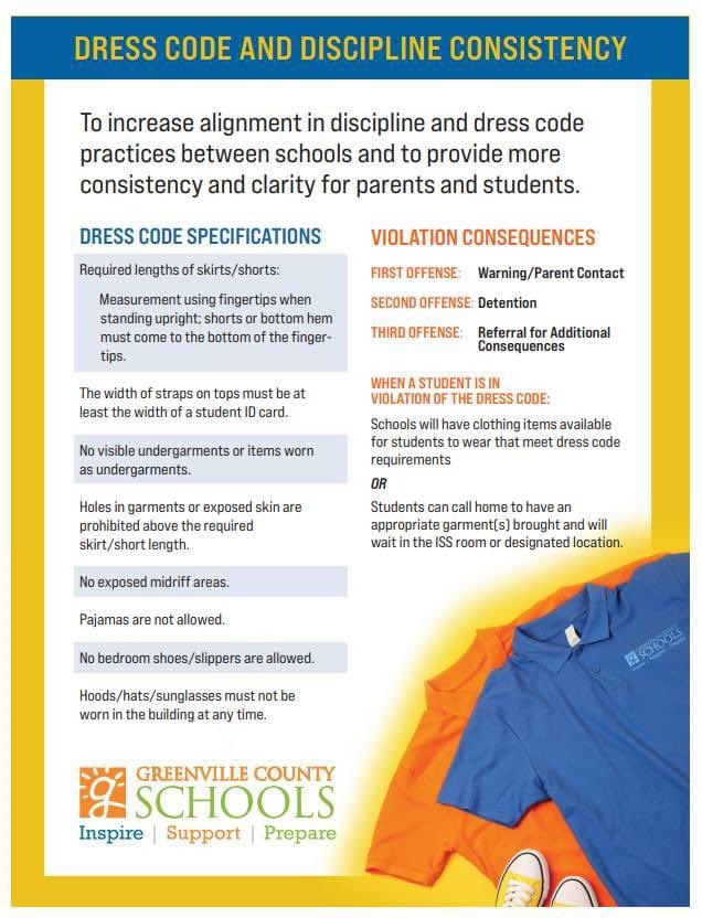Greenville County Schools has made changes to the student dress code, which will go in effect beginning of the new school year.   These changes were made to increase alignment in discipline and dress code practices between schools #itsagreatyeartobeatiger 🐅