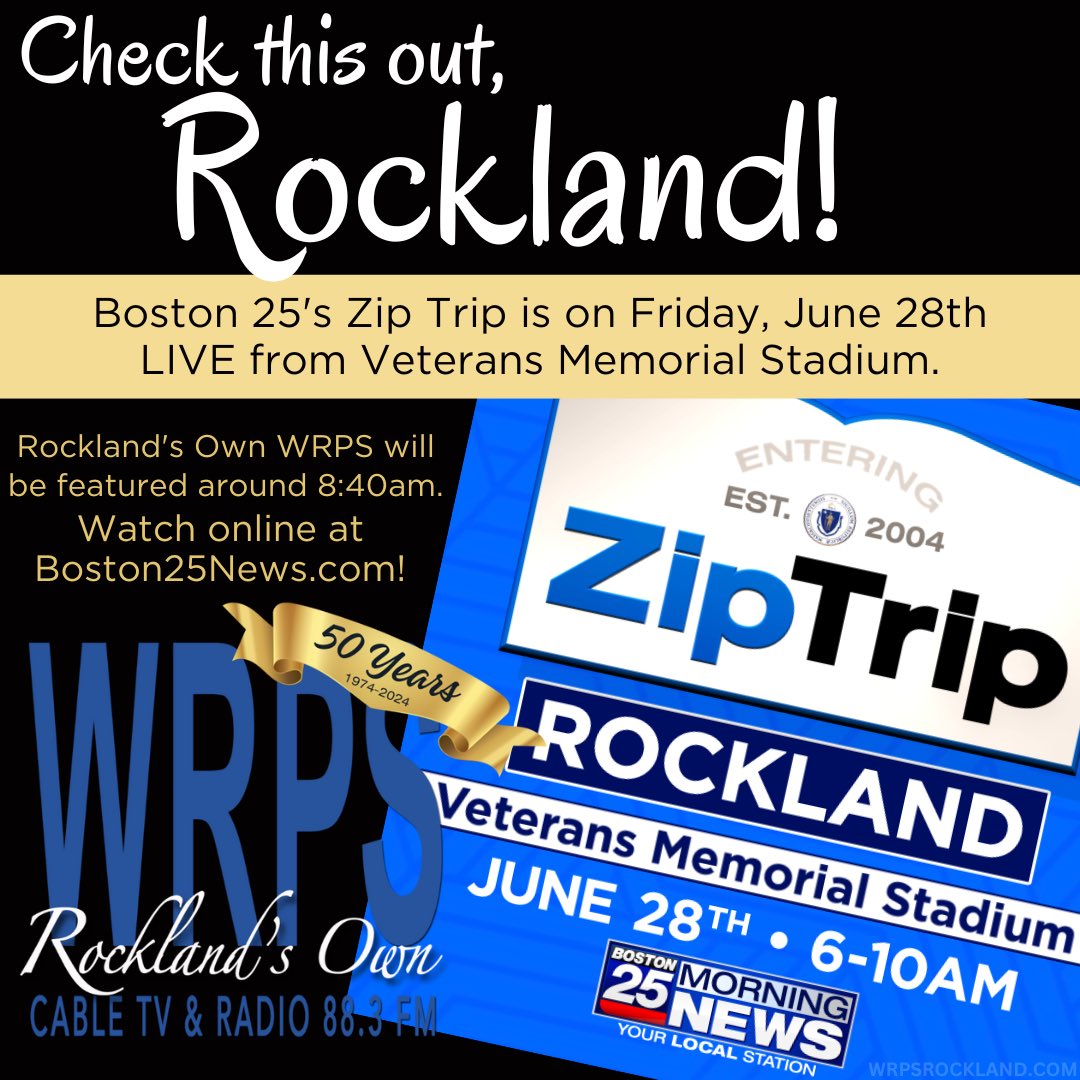 WRPSRockland's tweet photo. Tomorrow! Friday 6/28 at 8:40am tune in to @boston25 #ZipTrip to #RocklandMA! WRPS will be interviewed 🤩 watch online at https://t.co/PsJJJuROUW https://t.co/fZt3otzecW