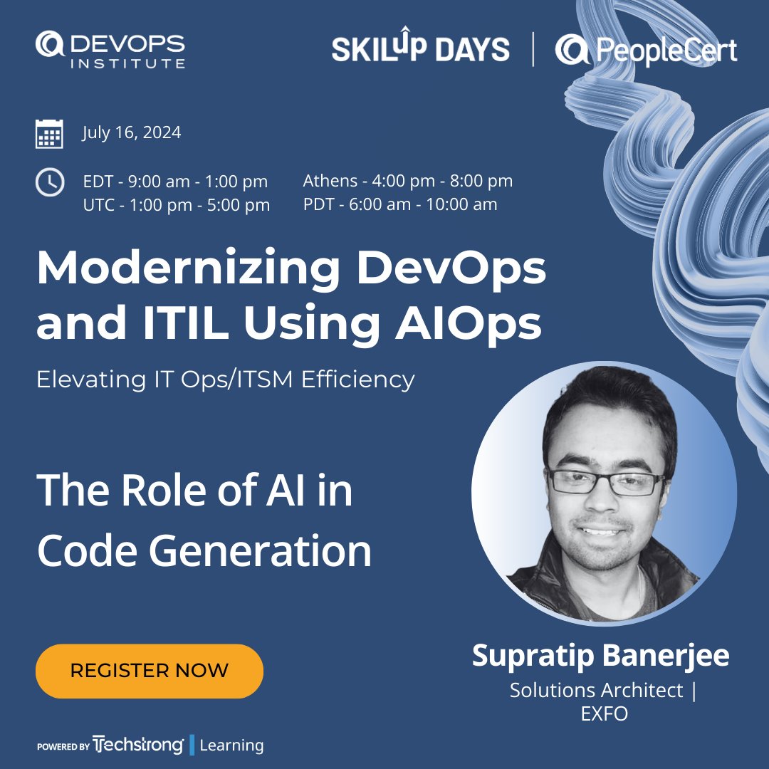 Excited to speak on 'The Role of AI in Code Generation' at <a href="/TechstrongGroup/">Techstrong Group</a> Event on July 16, 2024! Join me for insights into modernizing DevOps and ITIL. Register now for free: bit.ly/4eF1OsW

#AI #CodeGeneration #DevOps #SKILupDays #ml
<a href="/DEVOPSINST/">DevOps Institute</a>