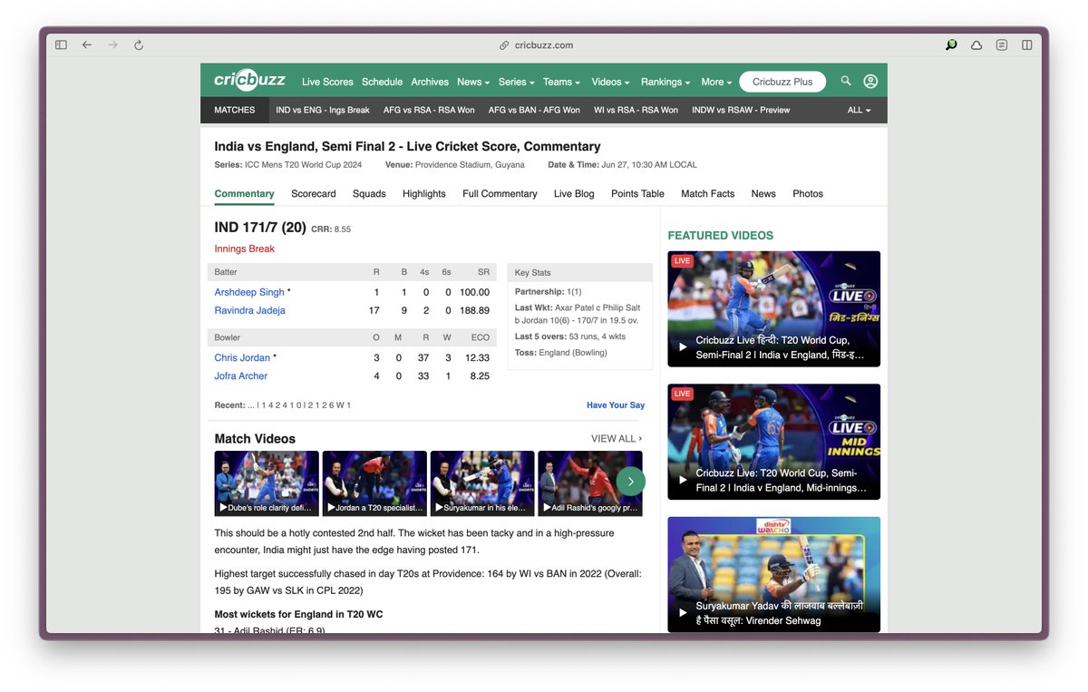 s_adityashukla's tweet image. I really like the Cricbuzz design. I think the thing that makes it different is the layout. It&apos;s neither modern design nor stat-heavy unlike CricInfo, but much easier to scan (at least for me). 

CricInfo has a sleek look but tries to show too much at a time imo.