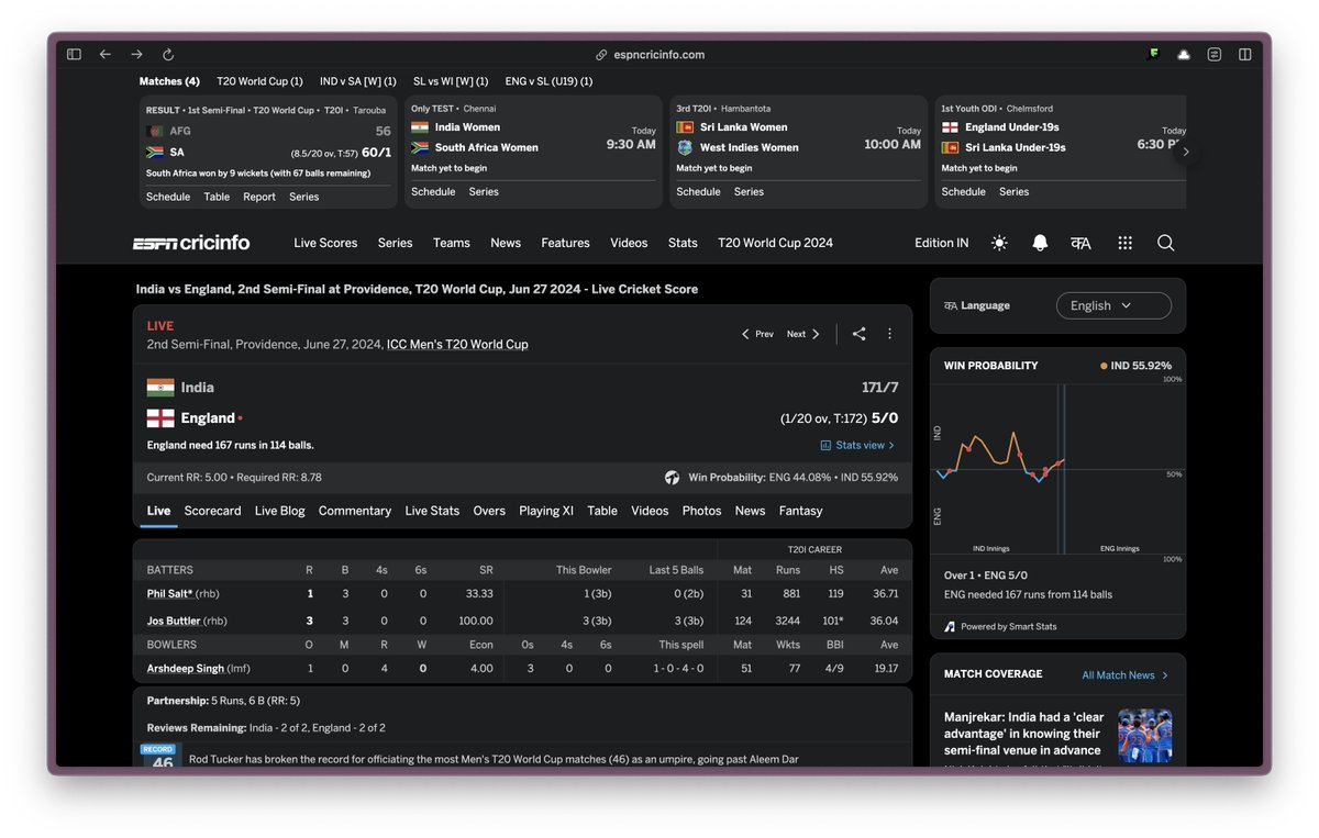 s_adityashukla's tweet image. I really like the Cricbuzz design. I think the thing that makes it different is the layout. It&apos;s neither modern design nor stat-heavy unlike CricInfo, but much easier to scan (at least for me). 

CricInfo has a sleek look but tries to show too much at a time imo.