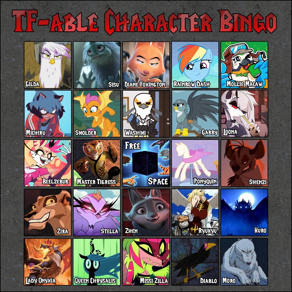 Gryphpaw's tweet photo. ... I have a few types, what can I say! 🔥

I'm sure you all can sympathize with wanting to become a AT LEAST few of them though. 😈💕

Couldn't resist making one of my own haha. Blank below if you want, I'd be curious about yours too~
#TFeveryday #Bingo https://t.co/LfpiVy5GZy