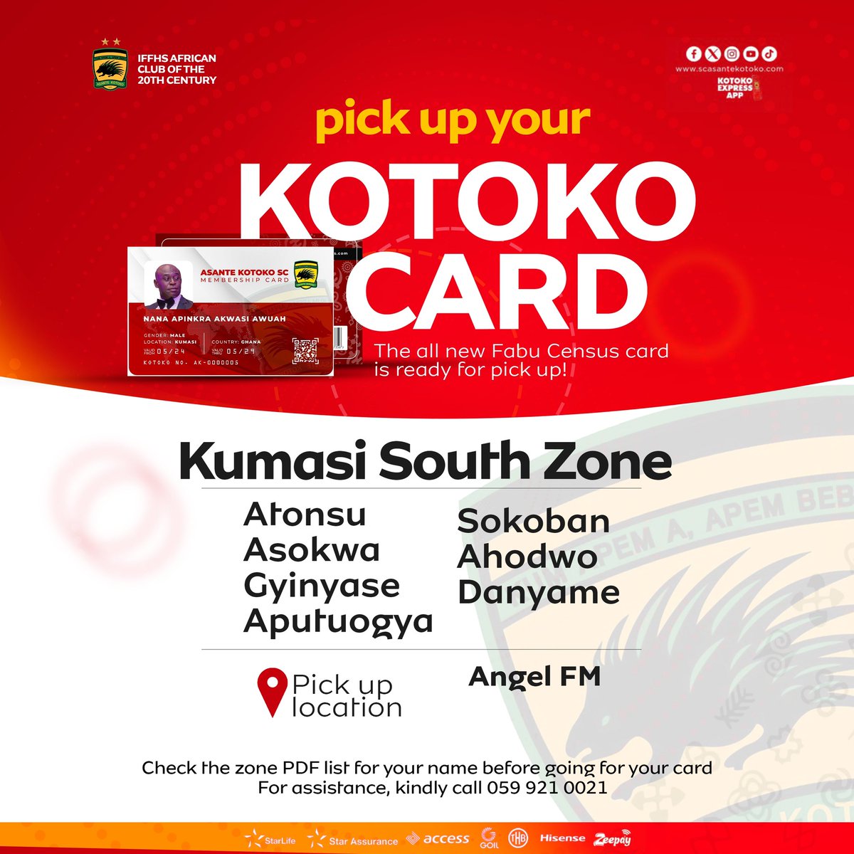 FabuCensus's tweet photo. The new Kotoko Card is ready for pickup at the indicated locations.

- Fabu Census registered supporters who have paid for Kotoko Card fee, uploaded their photos but did not receive the Kotoko Visa Card will get the new Kotoko Card. 

- ⁠For Enquiries, Call 0599210021 https://t.co/SzVMrSkpZD