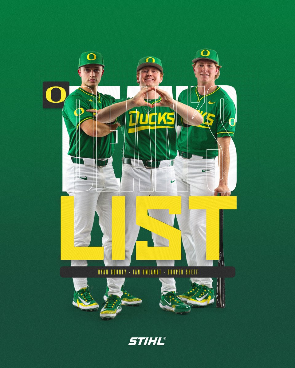 𝐉𝐨𝐛 𝐖𝐞𝐥𝐥 𝐃𝐨𝐧𝐞

Excelling in the classroom! Congratulations <a href="/Ryan_Cooney12/">Ryan Cooney</a>, <a href="/coopersheff22/">Cooper Sheff</a> and @ian_umlandt22 for being named to the Dean's List for the spring term. #GoDucks