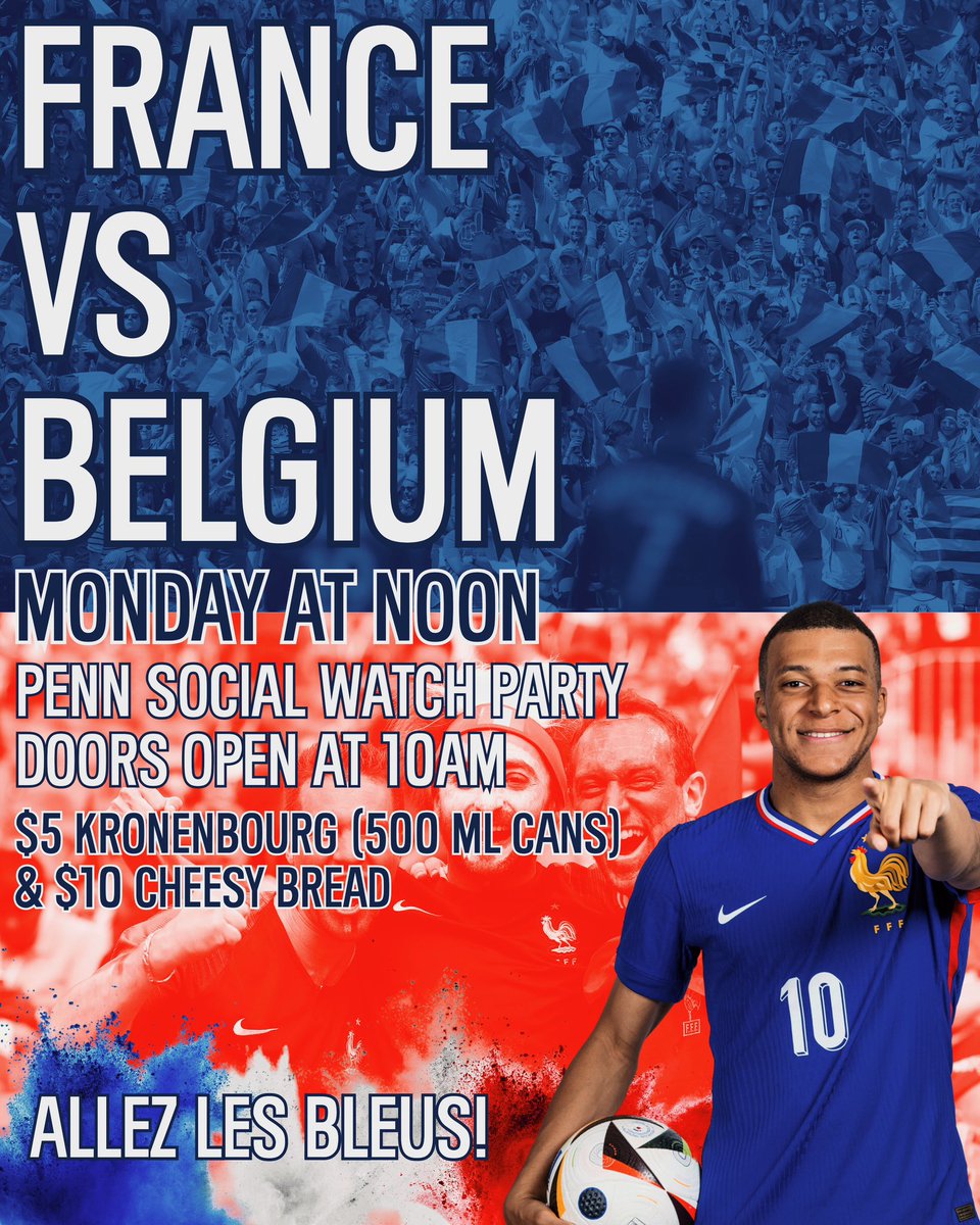 🇫🇷⚽️ Join us <a href="/PennSocialDC/">Penn Social</a> for the France vs Belgium watch party on Monday! Doors open at 10AM, kickoff at noon. Enjoy $5 <a href="/Kronenbourg1664/">Kronenbourg 1664 UK</a> &amp; $10 cheesy bread. All ages welcome (under 21 with parent).
(RSVP: tinyurl.com/ydtkzfxv) @UFEWashingtonDC <a href="/franceintheus/">Embassy of France in the U.S.</a> #AllezLesBleus