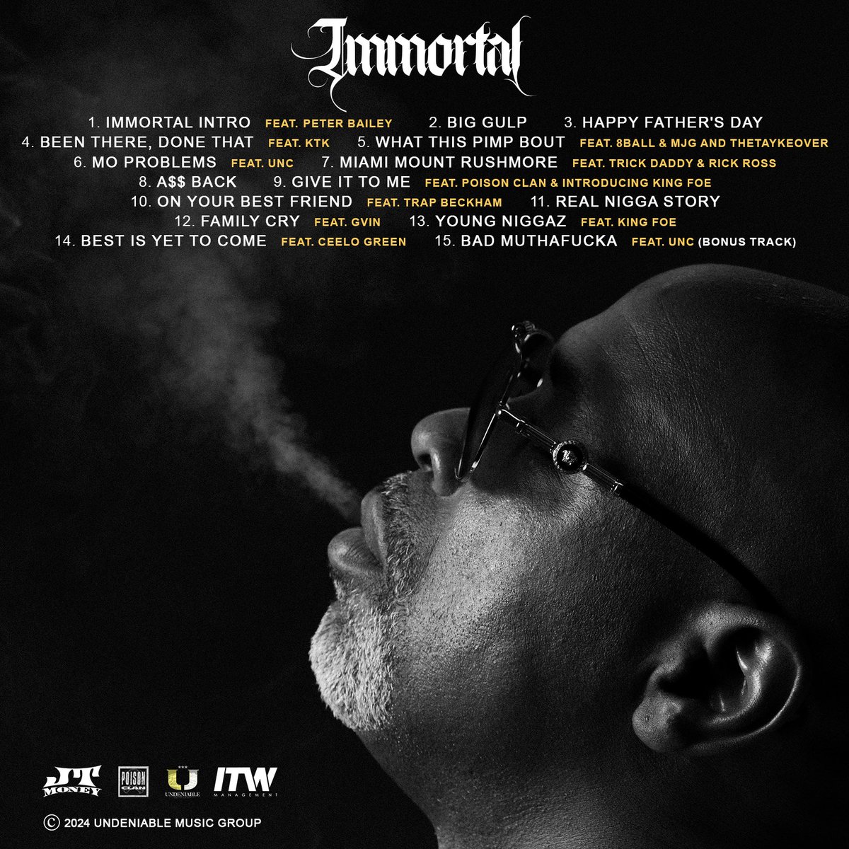 New <a href="/JTMoneyMIATL/">JT Money</a> album #Immortal dropping 4th of July featuring guest appearances by <a href="/CeeLoGreen/">CeeLo Green</a> <a href="/8BallandMJG/">8 Ball & MJG</a> <a href="/RickRoss/">Yung Rénzél 👑</a> <a href="/305MAYOR/">Trick Daddy Dollars</a> <a href="/trapbeckham/">TRAP BECKHAM</a> and more! Pre-save the album here: shorturl.at/cG6jd