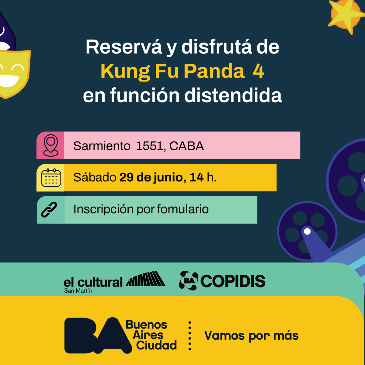 copidisba's tweet photo. ¡Este sábado 29 de junio a las 14h en el Centro Cultural San Martín, disfruta de Kung Fu Panda 4 en función distendida! 🍿🎬 Reserva tu lugar aquí: https://t.co/CCPanEhocA ¡No te lo pierdas!
#CineDistendido #GestionCultural #COPIDIS #SecretariaDeBienestarIntegral https://t.co/acr8I4Wrkm