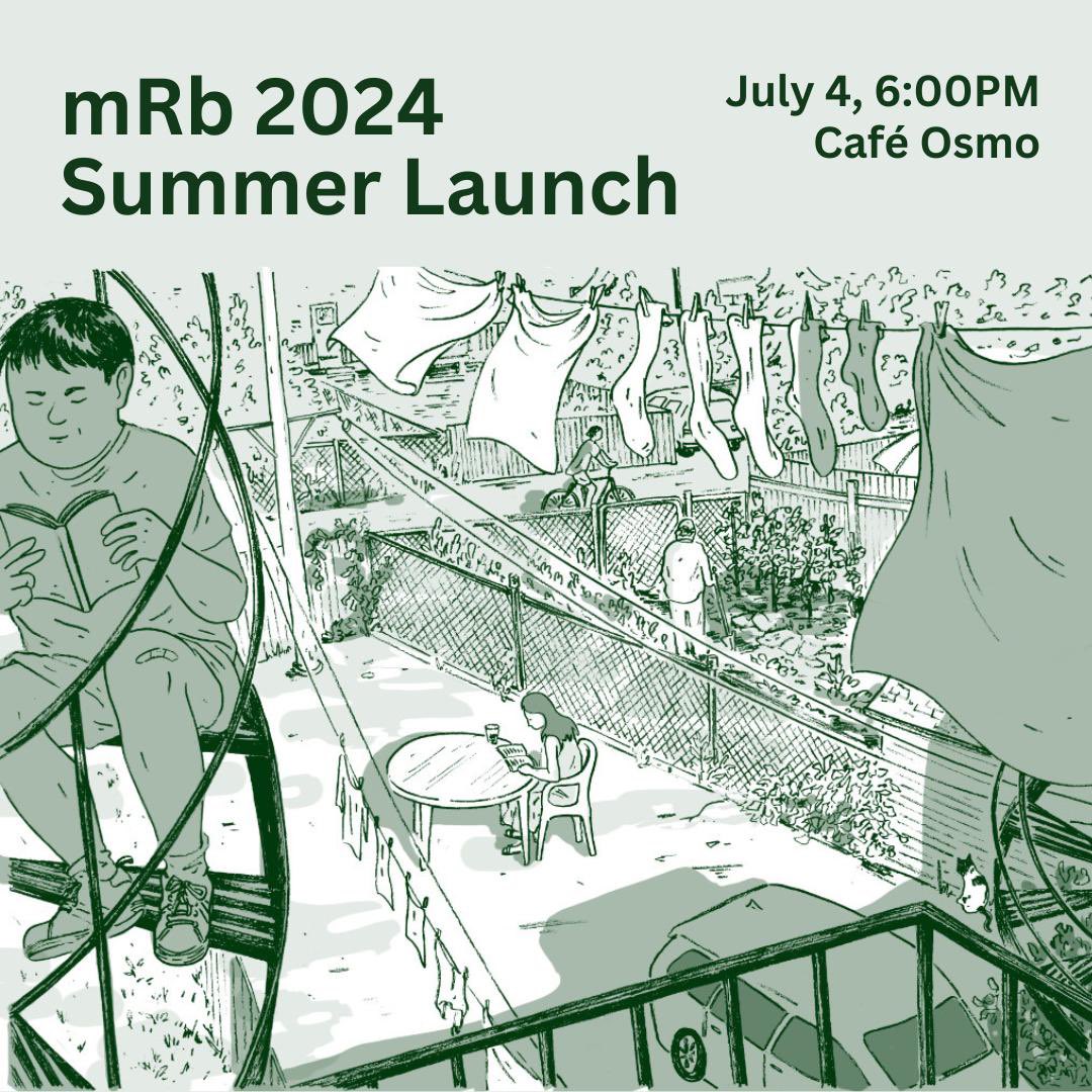 T-minus one week! 🚨 If you haven’t already, be sure to mark your calendars for the mRb Summer launch 🗓️☀️ Ft. readings by Frankie Barnet, <a href="/nourabinakhoul/">nour abi-nakhoul</a>, and <a href="/NoLore/">Nora Loreto</a> 📖👀

Come grab a glass of wine with us to usher in new issue at Café Osmo 🍷

✍️ Illustration by Zoe Maeve