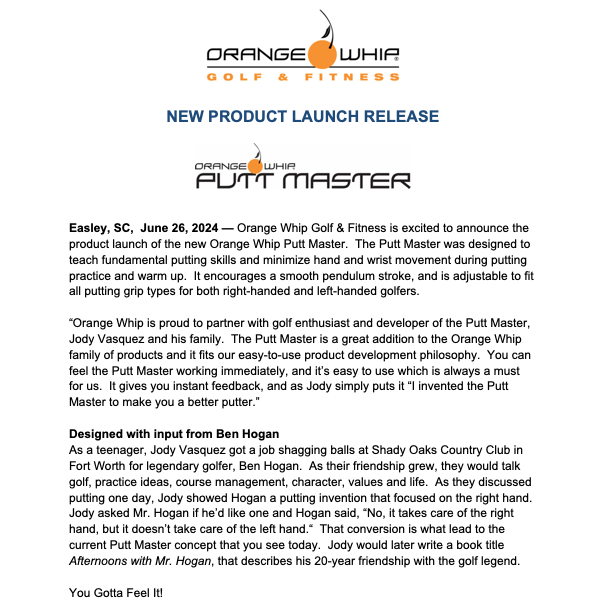OrangeWhipGolf's tweet photo. Statement announcing the launch of the NEW PUTT MASTER. Thanks to everyone that helped bring this all together. We're excited for golfers to see it and feel it. #puttmaster #productlaunch #orangewhip #yougottafeelit https://t.co/K822RErFIR