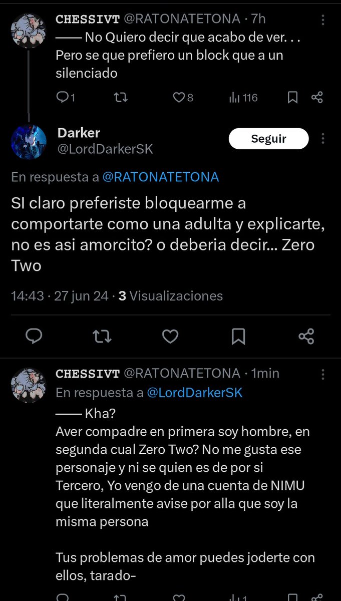 •| Nada que ver su problema de amor con lo que dije. Y si reaccione asi es porque me llega al pincho como dice "No es asi amorcito? o deberia decir... Zero Two" 
No eres un puto detective o una tra de suspenso, ademas, haras tus problemas publicos nmms xd