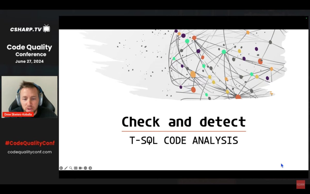 CSharpDotTV's tweet image. Welcome @SysAdminDrew for the final session of #CodeQualityConf - 2024! Tune in to learn about Check and Detect: T-SQL Code Analysis.

📺 Live streaming at csharp.tv 

#CodeQuality #CSharpCorner #CsharpTV #BestPractices #Developers #TechTalk #Coding #TechCommunity…