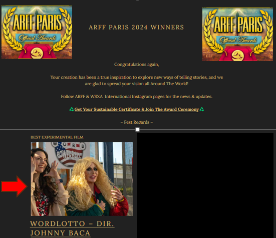 Wordlotto's tweet photo. 📷wordlottoWordLotto wins Best Experimental Film at the ARFF Paris 2024 Film Festival. Awards ceremony in November!
Check it out at https://t.co/O3u6wGd2Z0
@aroundfilms
#FilmFestival #filmfestivals #filmfreeway #imdb #frenchfilms #comedy #comedyfilm #tvseries #darkcomedy
3h https://t.co/1hHlegr3UT