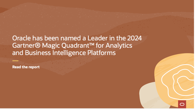Oracle Analytics (@oracleanalytics) on Twitter photo Oracle has been named a Leader in the 2024 Gartner® Magic Quadrant™ for Analytics and Business Intelligence Platforms. Read the report here: social.ora.cl/6017glEG5 Oracle has been named a Leader in the 2024 Gartner® Magic Quadrant™ for Analytics and Business Intelligence Platforms. Read the report here: social.ora.cl/6017glEG5