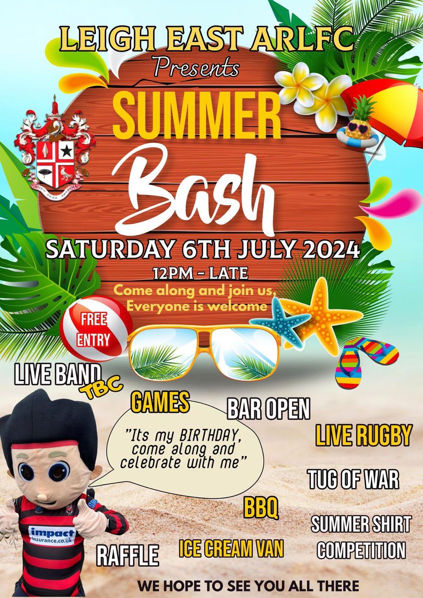 SATURDAY 6th JULY

SUMMER BASH

LOTS GOING ON THROUGHOUT THE DAY

FREE ENTRY

EVERYONE WELCOME

PAST PLAYERS, CURRENT PLAYERS, FAMILIES, FRIENDS, SPONSORS, SUPPORTERS

#UPTHEEAST #oneclub #EastIsMyClub
