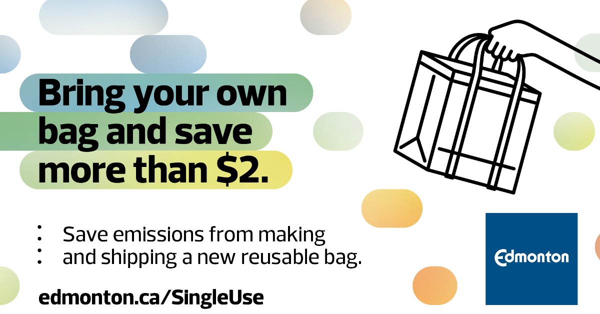 As of July 1, paper bags will cost 25 cents, and new reusable bags will cost $2. Using a tote bag is tote-ally awesome, and reusing a shopping bag is a reu-tiful idea.

No matter what bag you use, BYOB and save the fee! 

edmonton.ca/SingleUse