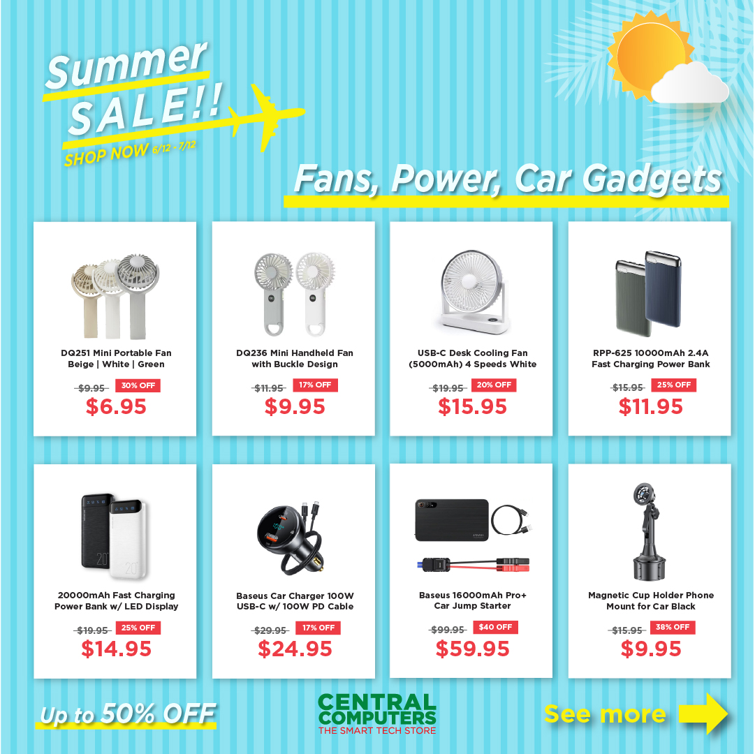 centralcomputer's tweet image. ☀️ Summer Sale Alert! ☀️
Get up to 50% off on your favorite items. Enjoy huge discounts on PC hardware, personal fans, chargers, and more!

Hurry, sale ends July 12th!
ow.ly/cYwK50SpEP6

#CentralComputers #sale #pcsales #pc #summersale #powerbank #travel