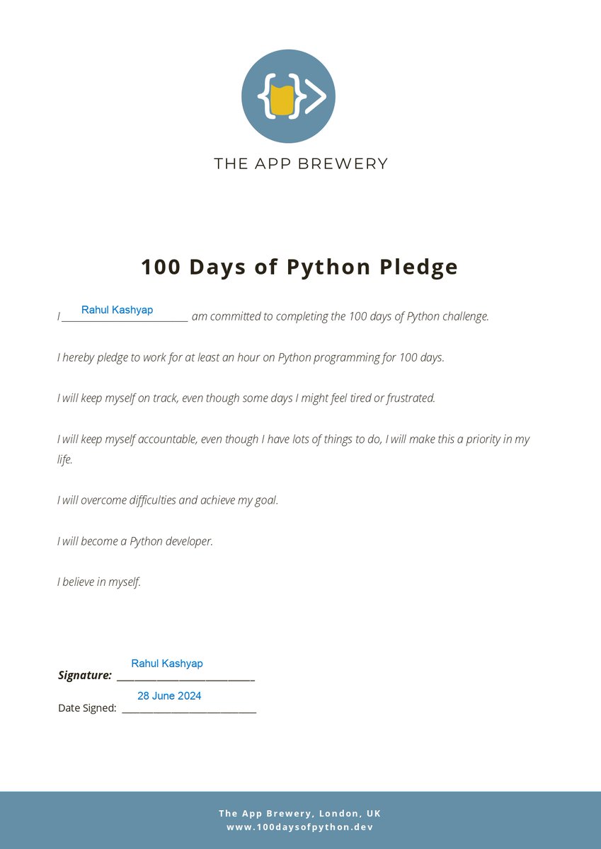 RaulKashyCoder's tweet image. Excited to start my challenge!  I pledge to dedicate at least an hour daily to master #Python and tackle @hackerrank &amp;amp; @LeetCode problems. Here&apos;s to overcoming challenges and becoming a Python developer! 💻💪 #CodingJourney #DevLife #CodeNewbie
 #100DaysOfPython
#Day1