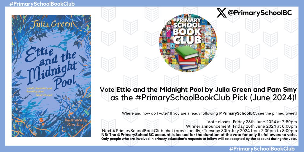 I'm delighted that Ettie and the Midnight Pool has been included in the #PrimarySchoolBookClub June 2024 vote this evening. Please go to
<a href="/PrimarySchoolBC/">#PrimarySchoolBookClub</a>
and vote for it using the pinned tweet! Thank you!
