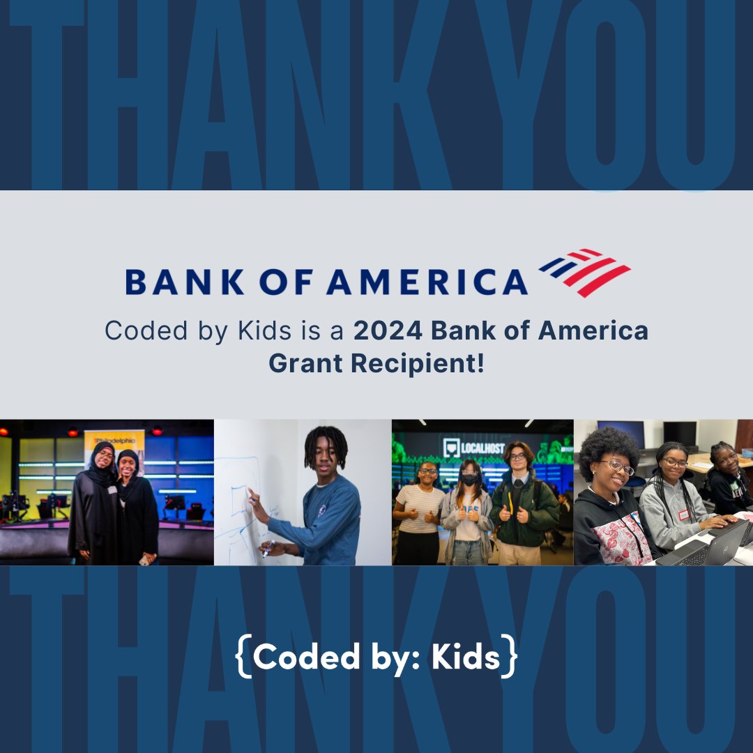 Coded by: (@_codedby) on Twitter photo Thank you <a href="/BankofAmerica/">Bank of America</a> for your continued support of #CodedByKids and our mission to prepare underrepresented individuals for leadership roles within the tech and startup space. You empower us to continue serving Philadelphia's youth. #BofAGrants #TechEducation Thank you <a href="/BankofAmerica/">Bank of America</a> for your continued support of #CodedByKids and our mission to prepare underrepresented individuals for leadership roles within the tech and startup space. You empower us to continue serving Philadelphia's youth. #BofAGrants #TechEducation