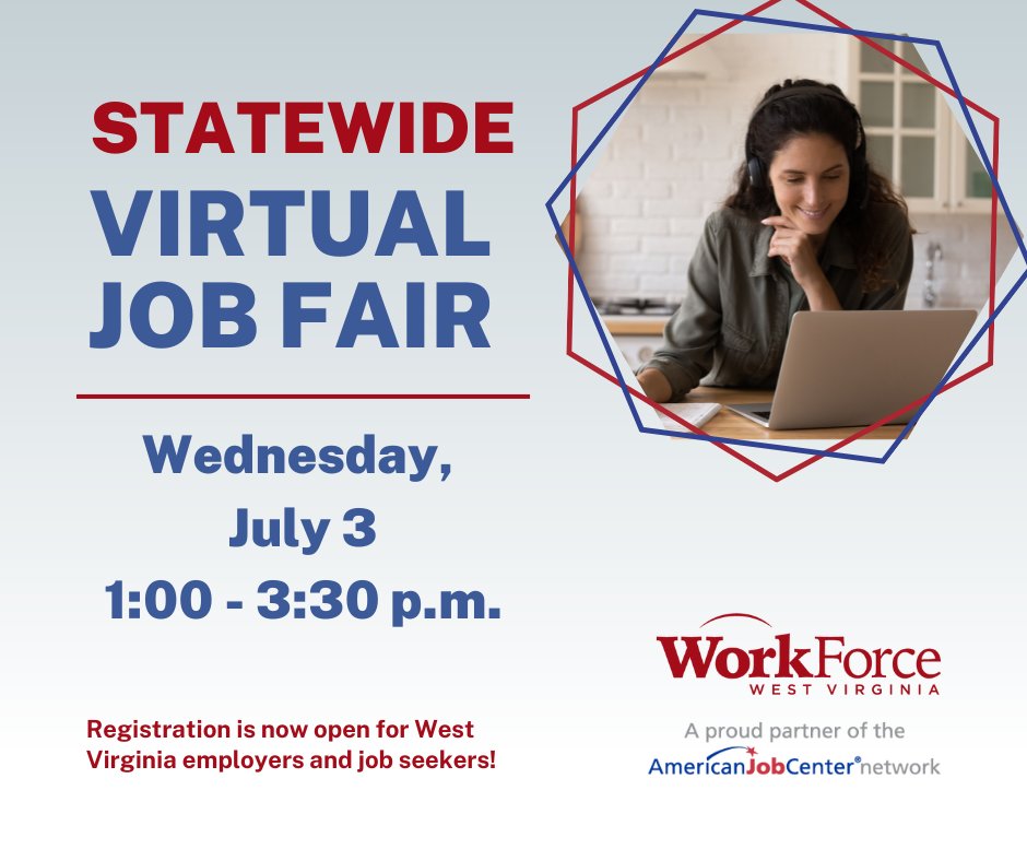 mircope's tweet photo. Take the nest step in your career and register today for the @workforcewv July 3 Statewide Virtual Job Fair from 1 - 3:30 p.m.! #YesWV https://t.co/Hvnt2A1Dhk https://t.co/JAIzboVgia
