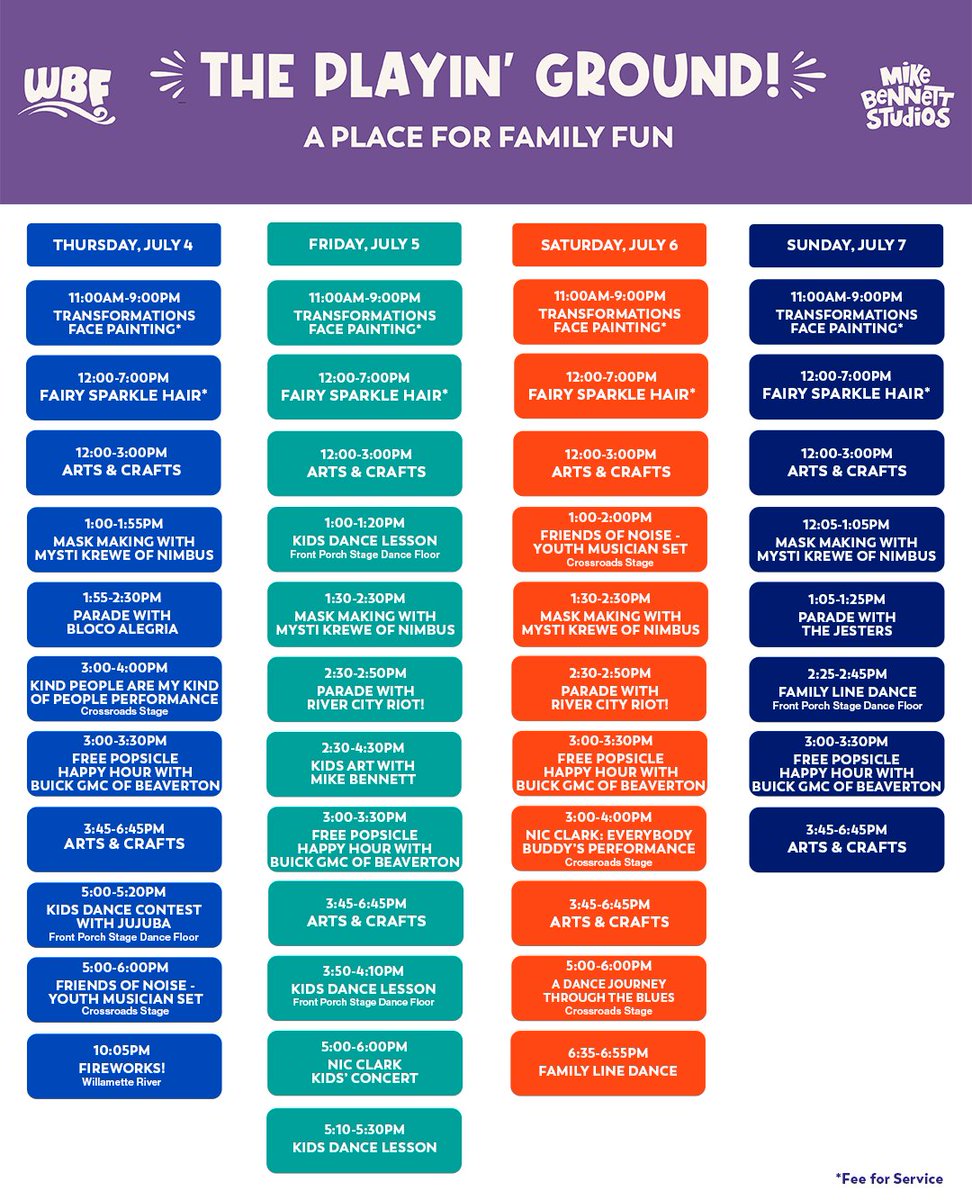 The Playin' Ground schedule of family fun is HERE! From Popsicle Happy Hour to face painting to dance lessons and musical parades, there's something for kids of all ages. ☀️