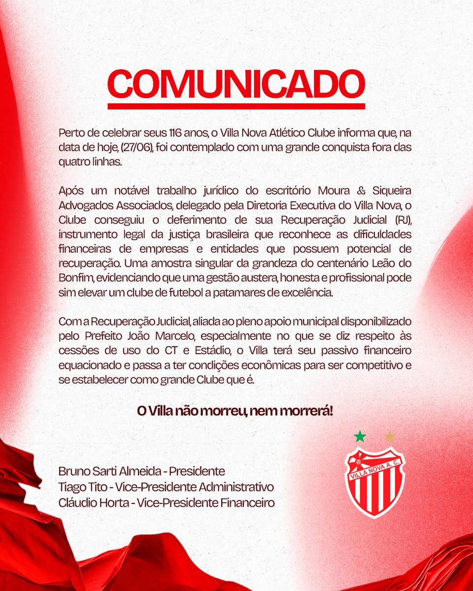 COMUNICADO OFICIAL: RECUPERAÇÃO JUDICIAL 

#VillaNoPeitoENaRaca