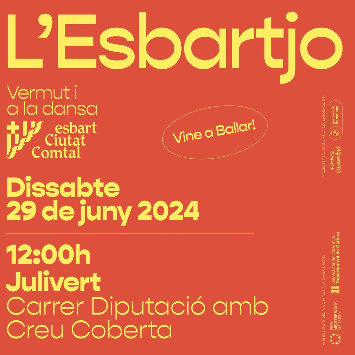 👯🪗🍹 Plans de cap de setmana a #Barcelona ☀️#Esbartjo d’estiu #vermutialadansa

📅 Dissabte, 29 de juny 
🕒 12:00h 
📍 C/Diputació amb C/Creu Coverts
🪗 <a href="/Julivertcat/">julivert.cat</a> 
👯 <a href="/esbartciutatcom/">Esbart Ciutat Comtal</a> 
🍹 <a href="/centrecanpedro/">Fundació Canpedró</a> 

#vermut #femcultura #culturapopular #ballfolk #esbarts