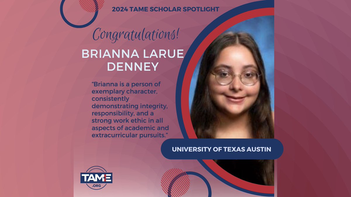 This week we're celebrating 2024 TAME Scholar Brianna Denney! After graduating from Hirschi High School they will be attending <a href="/UTAustin/">UT Austin</a>. We wish Brianna success in college and beyond! Please join in the comments and offer a note of congrats.