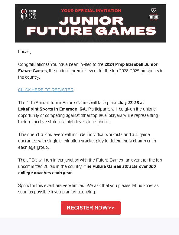 I am honored for this invitation to the <a href="/PBRTournaments/">Prep Baseball Tournaments</a> 2024 Jr Future Games in Atlanta. We had a deep run in 2023 and I look forward to representing Kansas again! Thank you <a href="/PbrUrban/">Andy Urban PBR</a> and all involved! <a href="/tricrownhitting/">Triple Crown Hitting - Kevin Reeves</a> <a href="/RoyalsScoutTeam/">RoyalsScoutTeam</a> <a href="/Ignite_Lars/">Lars Hanson, CSCS</a> <a href="/TopSpeedLLC/">Joseph Potts</a> <a href="/BVBaseballCoach/">BV Baseball Coach</a>