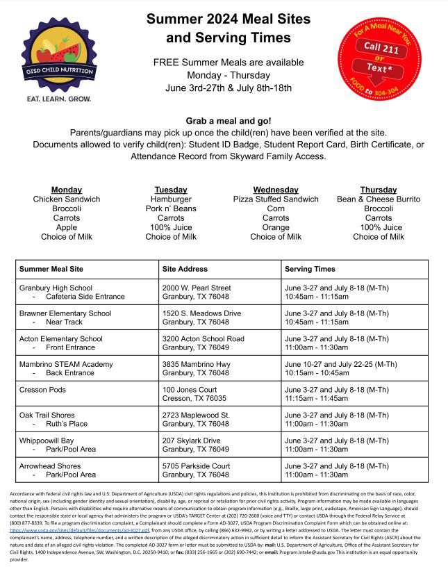 REMINDER!
GISD Child Nutrition and the summer meal sites are closed July 1-5 and will resume on July 8th. See flyer for site information and times. We hope you have a safe 4th of July holiday ❤️