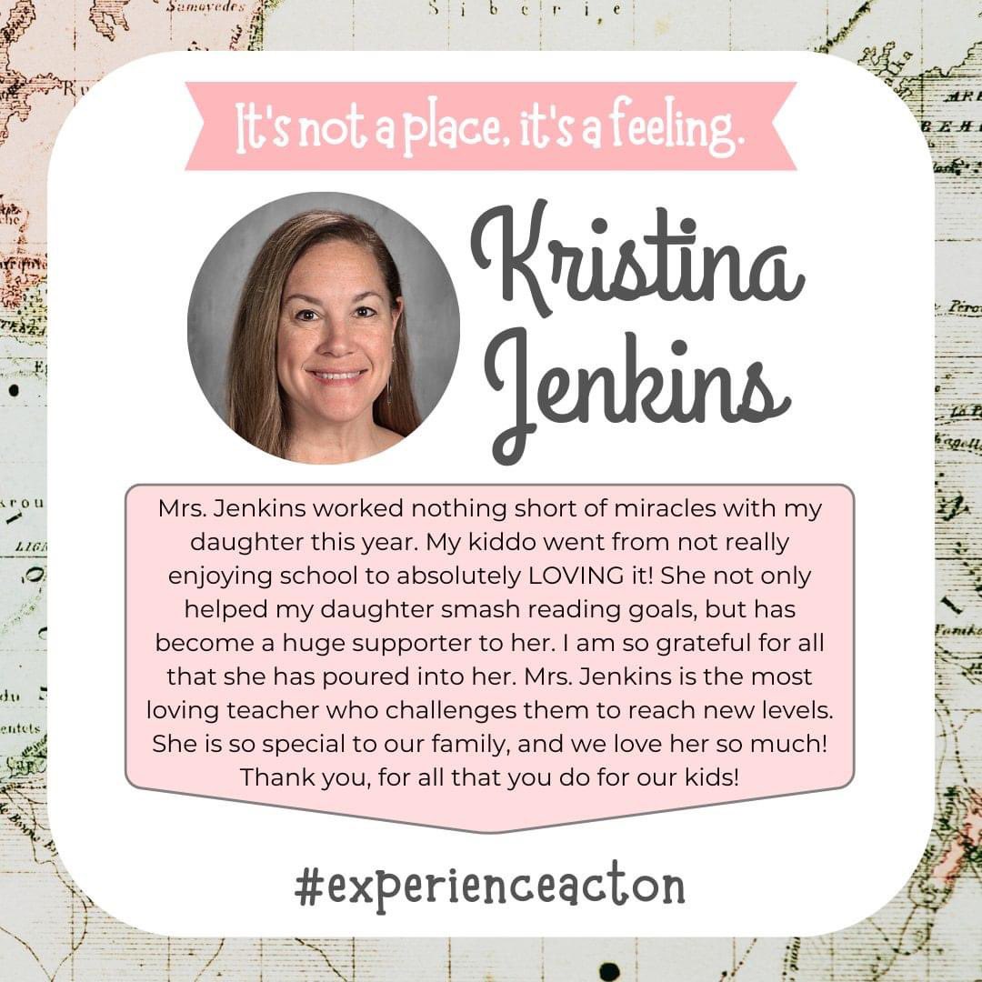 It's not a place, it's a feeling.💜

The passionate and dedicated staff that call Acton Elementary home are worthy of our highest praise. Join us in the positivity by dropping a word of encouragement for Mrs. Jenkins below or by sharing this post. 

#experienceacton
<a href="/granburyisd/">Granbury ISD</a>