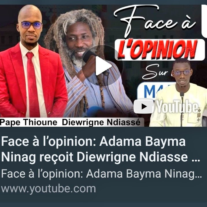 🔴 Face à l’opinion 
Adama Bayma Ninag reçoit Dieuwrigne Ndiasse et Pape Thioune sur <a href="/YouTube/">YouTube</a> 
#Yeslu #Senegal
