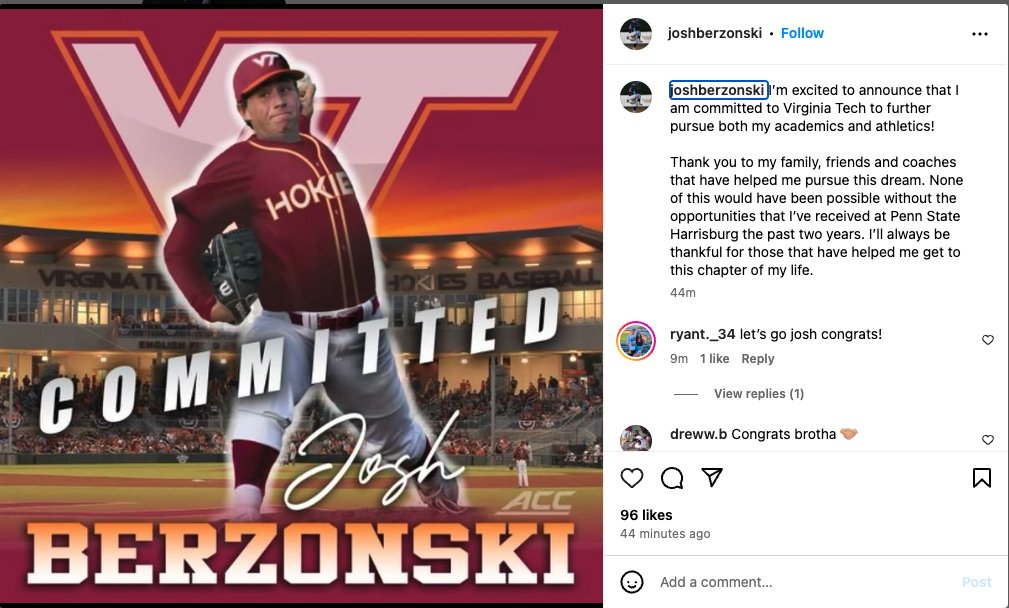 ShotgunSprD1's tweet image. 5-foot-11, 200-pound Division III #PennStateHarrisburg soph LHP transfer Josh Berzonski announces his commitment to @HokiesBaseball.

Berzonski was a D3 first-team All-American after going 6-2, 1.70, 4 SV with 63 K in 47.2 IP over 17 appearances. He had 0.78 WHIP (27 H, 10 BB).
