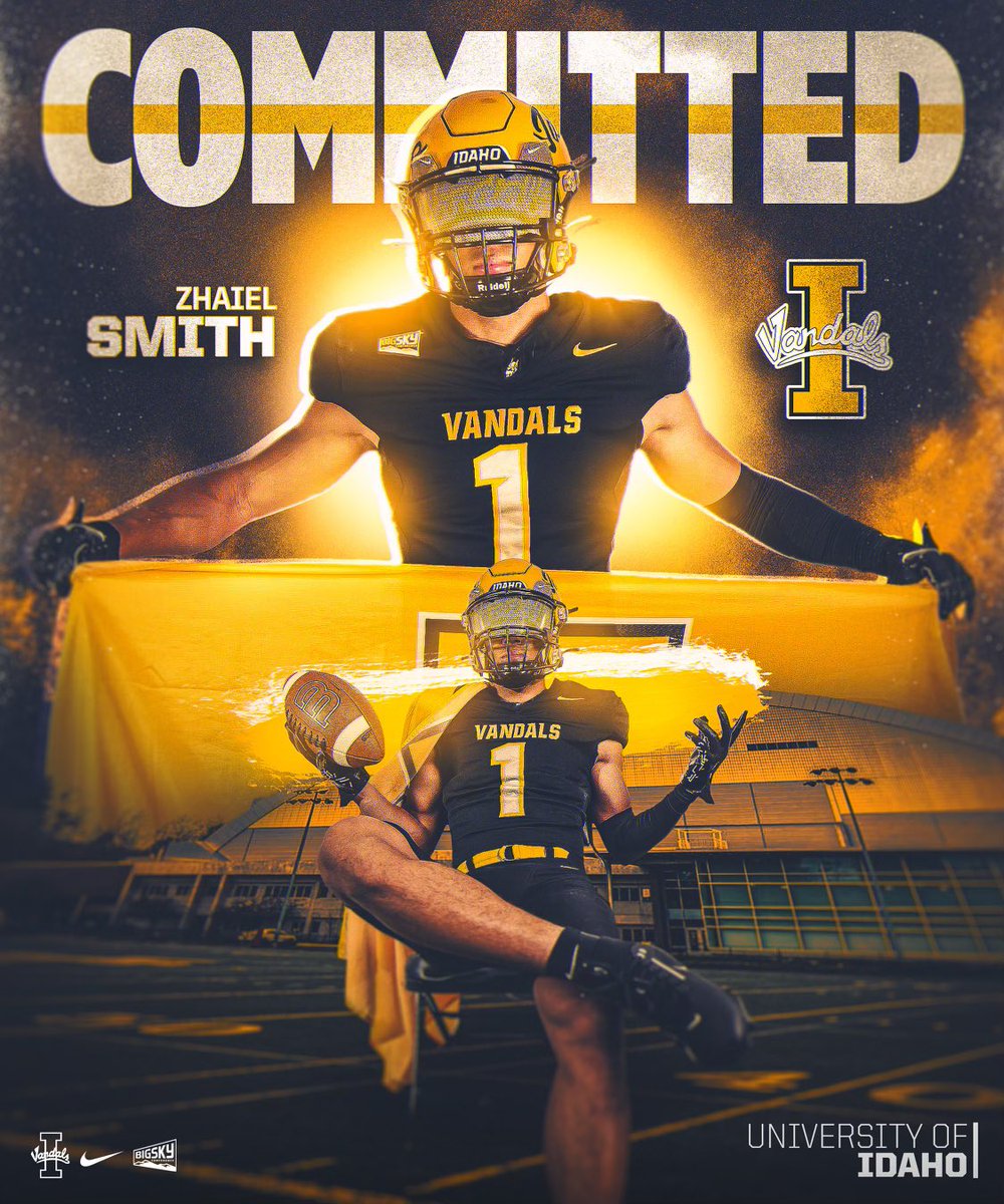 Zhaiel Smith (@zhaiel_smith) on Twitter photo Committed!!! 💪🏽🤞🏽✌️’s ⬆️ ⚫️ 🟡
<a href="/VandalFootball/">Idaho Football</a> <a href="/Coach_Eck/">Jason Eck</a> <a href="/LukeSchleusner/">Luke Schleusner</a> <a href="/MattLinehan_10/">Coach Matt Linehan</a> Committed!!! 💪🏽🤞🏽✌️’s ⬆️ ⚫️ 🟡
<a href="/VandalFootball/">Idaho Football</a> <a href="/Coach_Eck/">Jason Eck</a> <a href="/LukeSchleusner/">Luke Schleusner</a> <a href="/MattLinehan_10/">Coach Matt Linehan</a>