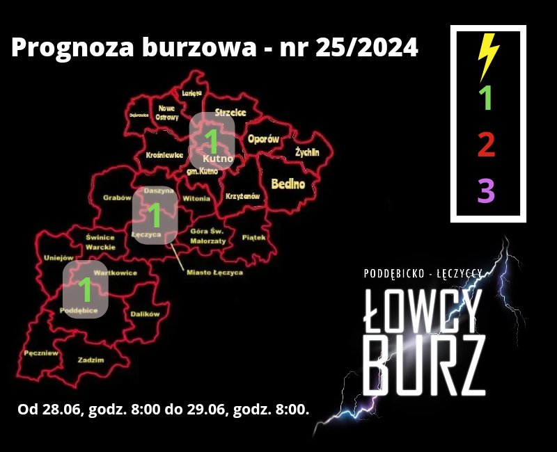 🟩 1. STOPIEŃ ZAGROŻENIA PRZED BURZAMI 

⚡ Wpis na naszej stronie internetowej!!
poddebicko-leczyccy-lowcy-burz.prv.pl/prognoza-burzo…

🔴 WAŻNOŚĆ:
Od 28.06, godz. 8:00 do 29.06, godz. 8:00.

✔️ Wesprzyj Naszą Działalność!! Kliknij w poniższy link i postaw Nam kawkę 😉
buycoffee.to/poddebickolecz…