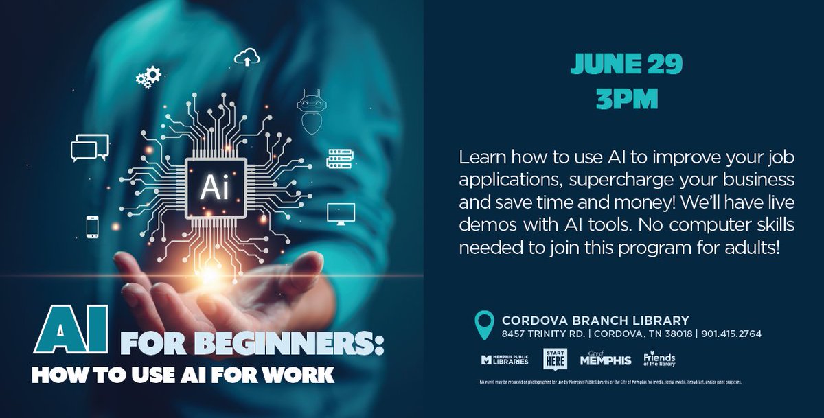 MEM_Library's tweet image. #aiforbeginners #aiforwork #Cordova #MemphisPublicLibraries #StartHere
