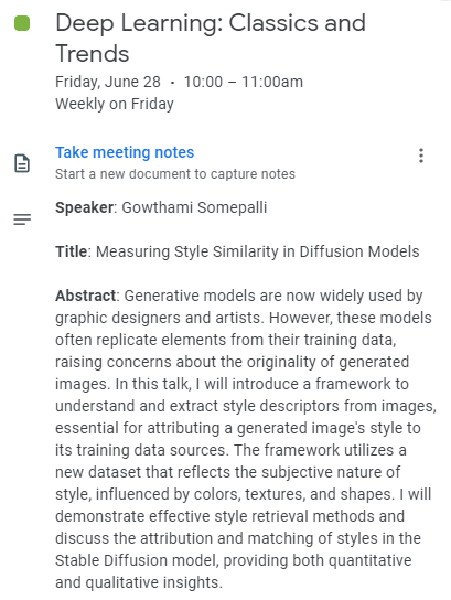 ml_collective's tweet photo. Join us tomorrow at 10 AM PDT for an insightful DLCT session with @gowthami_s! 🖌️✨ 

Topic: "Measuring Style Similarity in Diffusion Models." Learn about a framework to extract and attribute style descriptors in generative art. 

Don't miss it! 

#DLCT #AIArt #GenerativeModels https://t.co/JRYVulG4s1