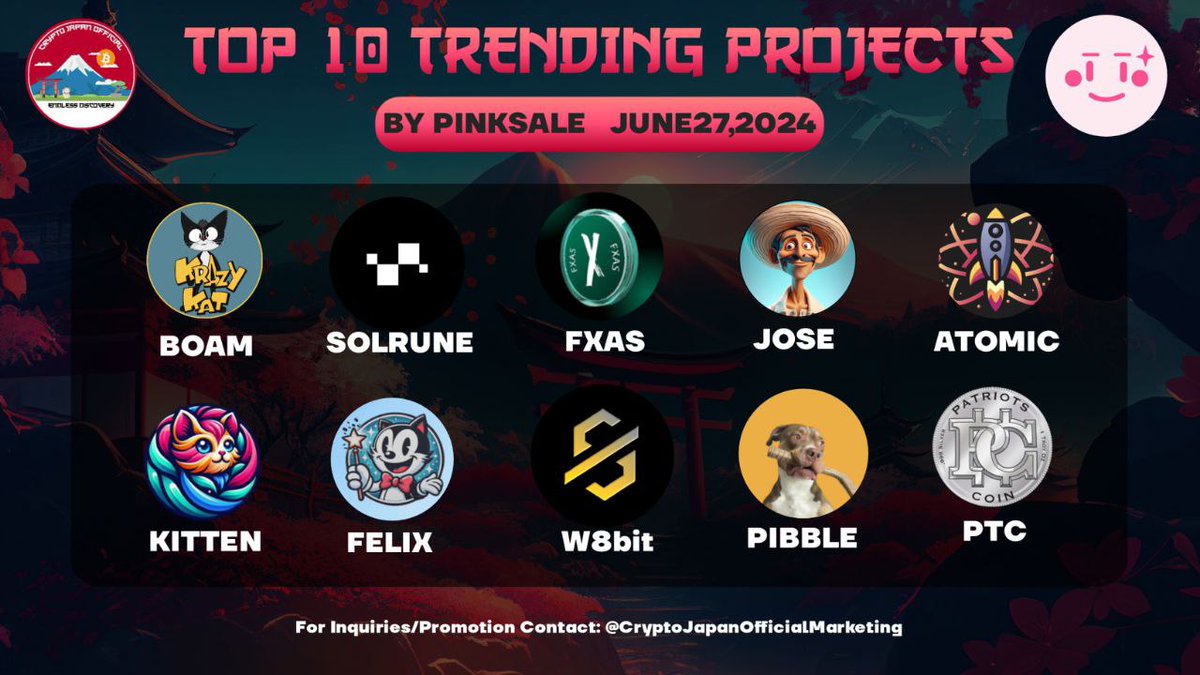 Crypto Japan Official (@cryptojapanmain) on Twitter photo π Top 10 Trending Projects On Pinksale
π₯ $BOAM - <a href="/BookOfAIMeow/">Book of AI Meow</a>
π₯ $SOLRUNE - <a href="/Crypto_Solrune/">SOLRUNE</a>
π₯ $FXAS - <a href="/x_fortified/">Fortified X</a>
4οΈβ£ $JOSE - <a href="/TheJoseCoin/">Jose Coin</a>
5οΈβ£ $ATOMIC - @Atomic__coin
6οΈβ£ $KITTEN - <a href="/Kittencoin_BSC/">KITTEN SmartChain</a>
7οΈβ£ $FELIX - <a href="/FelixCatGlobal/">Felix The Cat</a>
8οΈβ£ $W8bit - <a href="/8Bit_Chain/">8Bit Chain</a>
9οΈβ£ $PIBBLE - π Top 10 Trending Projects On Pinksale
π₯ $BOAM - <a href="/BookOfAIMeow/">Book of AI Meow</a>
π₯ $SOLRUNE - <a href="/Crypto_Solrune/">SOLRUNE</a>
π₯ $FXAS - <a href="/x_fortified/">Fortified X</a>
4οΈβ£ $JOSE - <a href="/TheJoseCoin/">Jose Coin</a>
5οΈβ£ $ATOMIC - @Atomic__coin
6οΈβ£ $KITTEN - <a href="/Kittencoin_BSC/">KITTEN SmartChain</a>
7οΈβ£ $FELIX - <a href="/FelixCatGlobal/">Felix The Cat</a>
8οΈβ£ $W8bit - <a href="/8Bit_Chain/">8Bit Chain</a>
9οΈβ£ $PIBBLE -