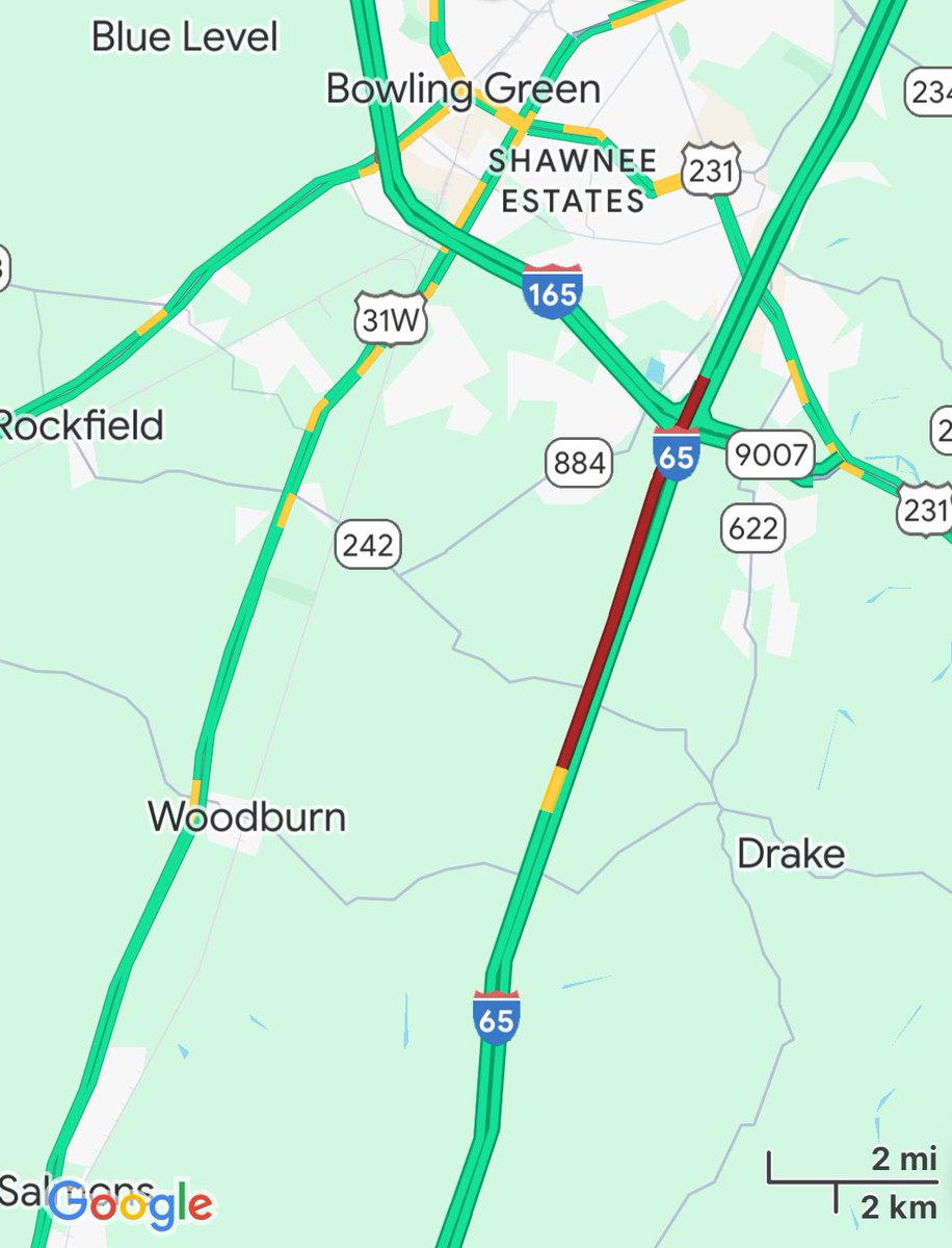 KYTCDistrict3's tweet photo. TRAFFIC ALERT: I-65 south has all lanes blocked just south of Bowling Green near the 16 mile marker due to a vehicle fire.

Traffic is backing up.  Motorists should expect slowed or stopped traffic. Time to clear is unknown at this time. https://t.co/7fecFllEIG