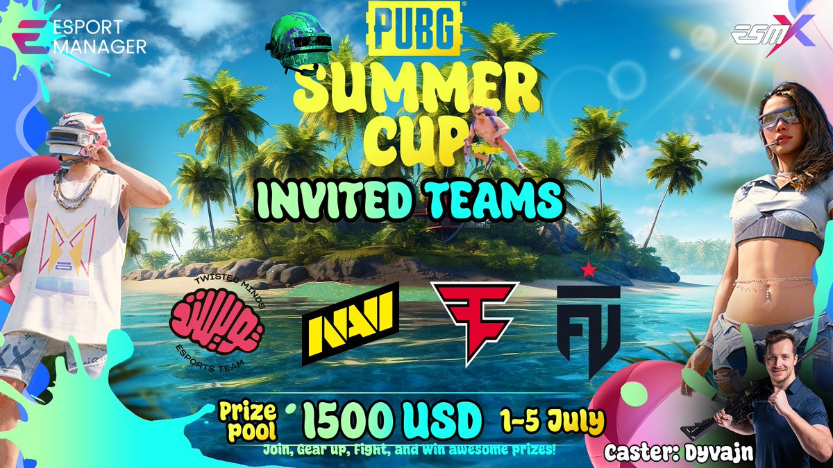 🌴 ESM X SUMMER CUP 🌴

In hand with <a href="/EsportManager_/">EsportManager</a> we're bringing you the hottest #PUBG Cup of this summer. 🥵

Wanna play against <a href="/TwisMinds/">Twisted Minds 🧠</a>, <a href="/natusvincere/">NAVI</a>, <a href="/FaZeClan/">FaZe Clan</a> or <a href="/FUTesportsgg/">FUT Esports</a> and win up to $600? 

Join with your squad here ⤵️
esportmanager.com/tournaments/66…
