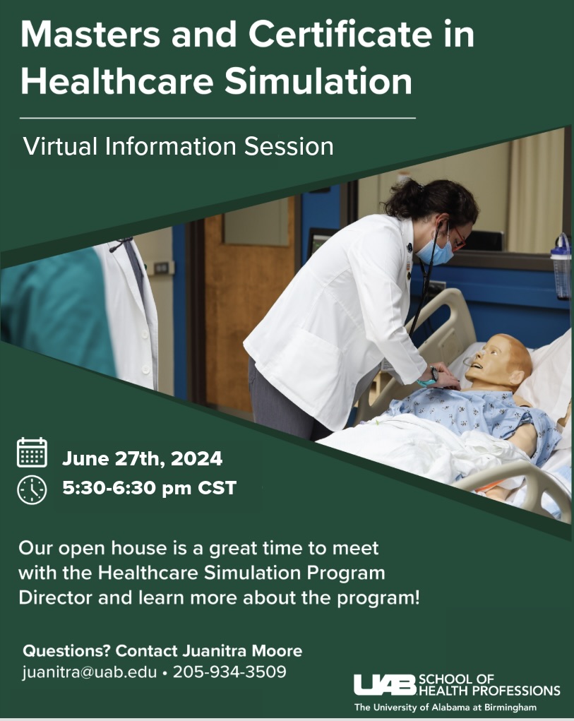 UAB Healthcare Simulation (@uabsim) on Twitter photo Reminder! Make plans to attend our information session later this afternoon (5:30 CST). This is your chance to find out more information from Program Director <a href="/michelleSBB/">Michelle Brown</a>. Registration info here: uab.zoom.us/meeting/regist… Reminder! Make plans to attend our information session later this afternoon (5:30 CST). This is your chance to find out more information from Program Director <a href="/michelleSBB/">Michelle Brown</a>. Registration info here: uab.zoom.us/meeting/regist…